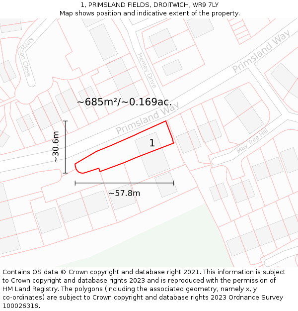 1, PRIMSLAND FIELDS, DROITWICH, WR9 7LY: Plot and title map