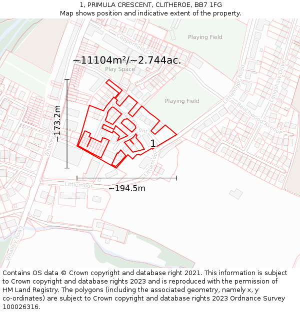 1, PRIMULA CRESCENT, CLITHEROE, BB7 1FG: Plot and title map
