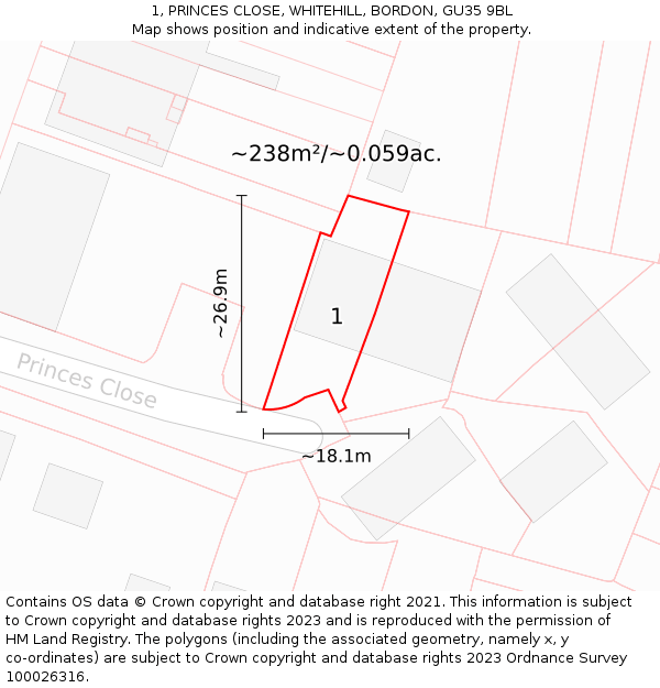 1, PRINCES CLOSE, WHITEHILL, BORDON, GU35 9BL: Plot and title map