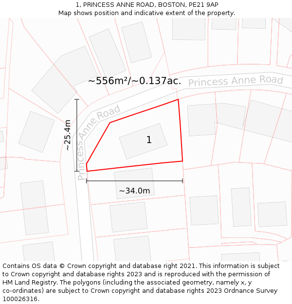1, PRINCESS ANNE ROAD, BOSTON, PE21 9AP: Plot and title map