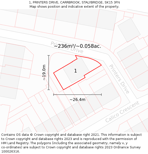 1, PRINTERS DRIVE, CARRBROOK, STALYBRIDGE, SK15 3FN: Plot and title map