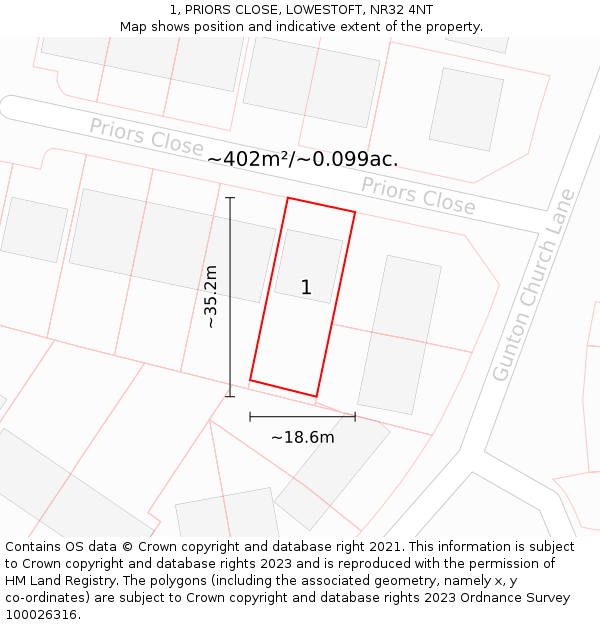 1, PRIORS CLOSE, LOWESTOFT, NR32 4NT: Plot and title map