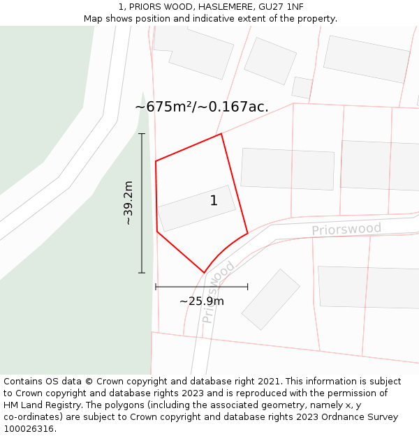 1, PRIORS WOOD, HASLEMERE, GU27 1NF: Plot and title map