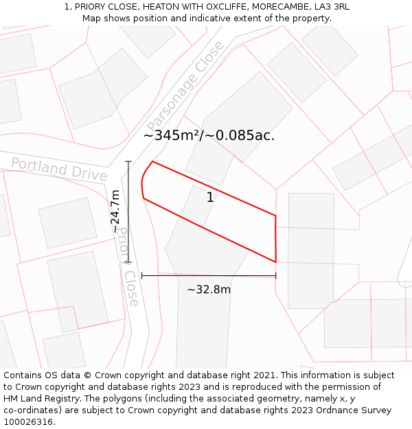 1, PRIORY CLOSE, HEATON WITH OXCLIFFE, MORECAMBE, LA3 3RL: Plot and title map
