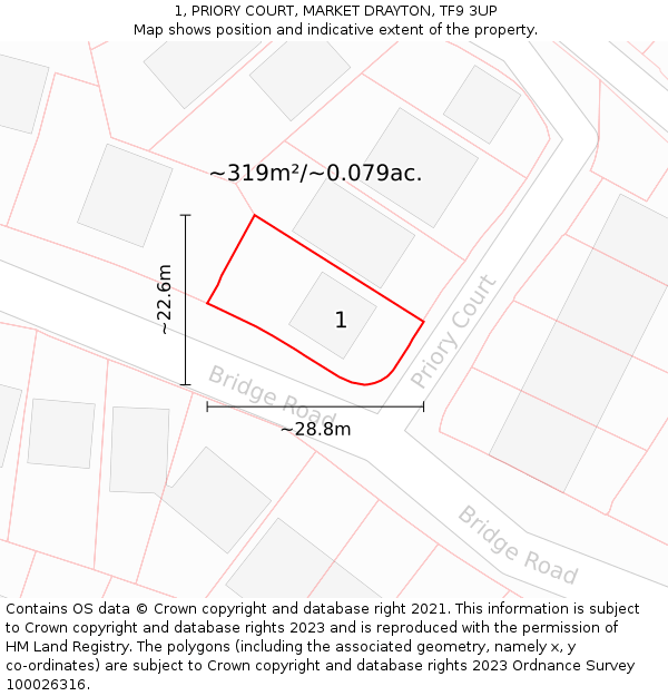 1, PRIORY COURT, MARKET DRAYTON, TF9 3UP: Plot and title map