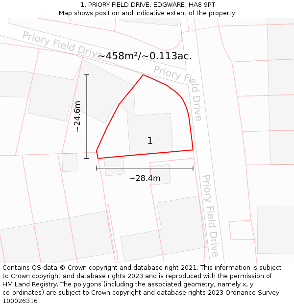 1, PRIORY FIELD DRIVE, EDGWARE, HA8 9PT: Plot and title map