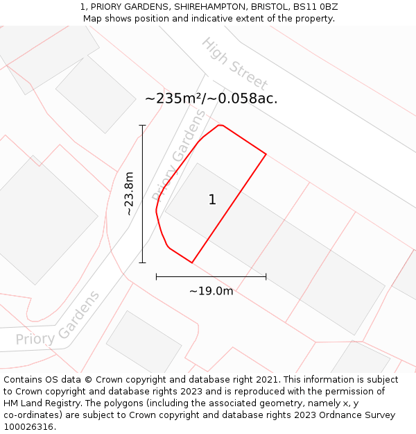 1, PRIORY GARDENS, SHIREHAMPTON, BRISTOL, BS11 0BZ: Plot and title map
