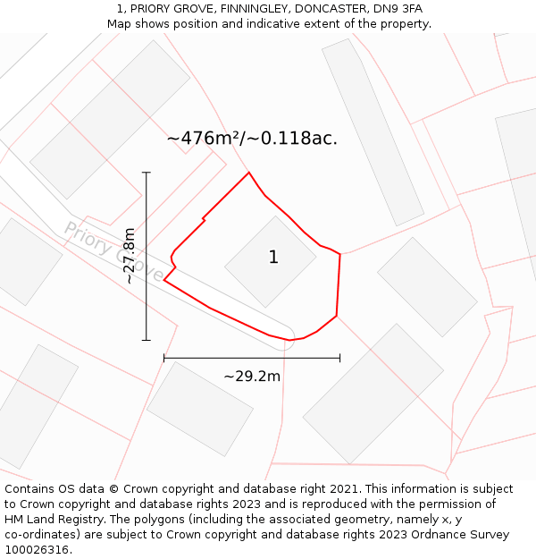 1, PRIORY GROVE, FINNINGLEY, DONCASTER, DN9 3FA: Plot and title map