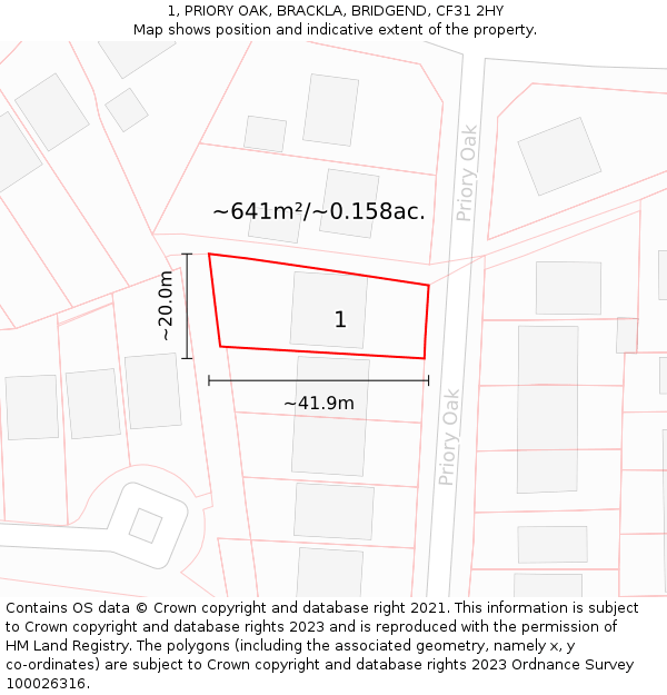 1, PRIORY OAK, BRACKLA, BRIDGEND, CF31 2HY: Plot and title map