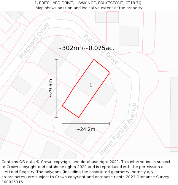 1, PRITCHARD DRIVE, HAWKINGE, FOLKESTONE, CT18 7QH: Plot and title map