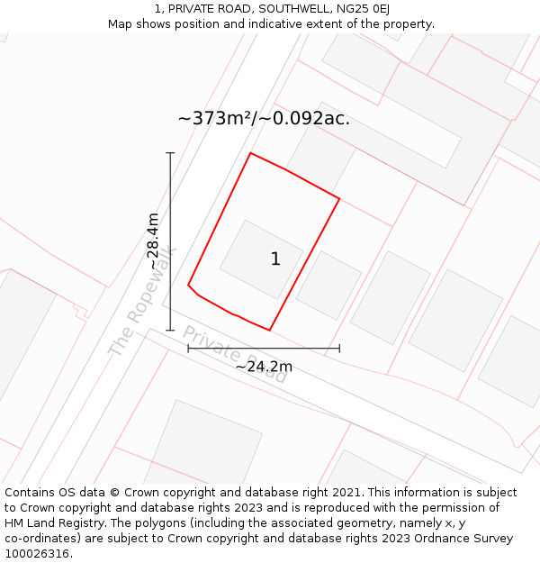 1, PRIVATE ROAD, SOUTHWELL, NG25 0EJ: Plot and title map