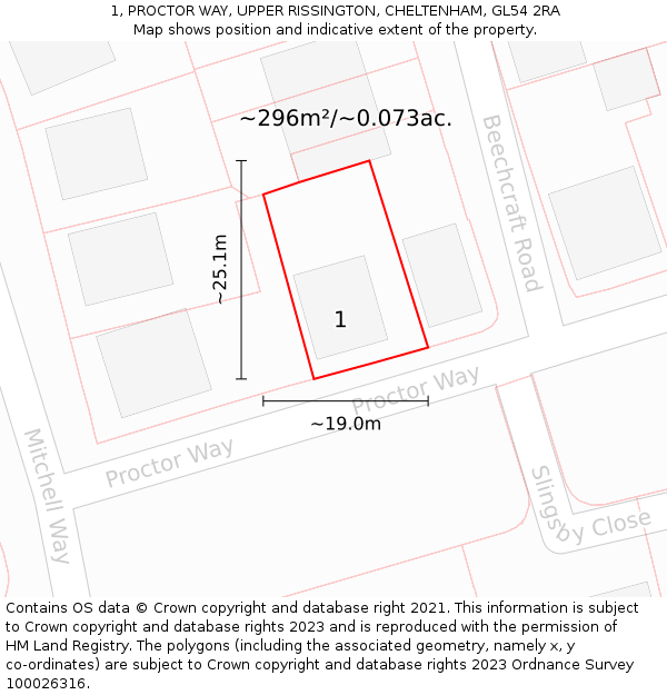 1, PROCTOR WAY, UPPER RISSINGTON, CHELTENHAM, GL54 2RA: Plot and title map