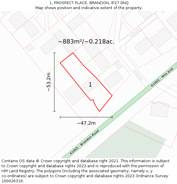 1, PROSPECT PLACE, BRANDON, IP27 0NQ: Plot and title map