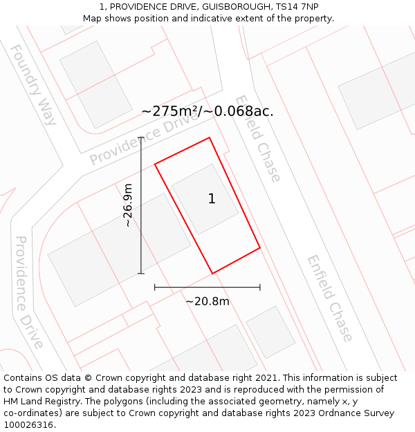 1, PROVIDENCE DRIVE, GUISBOROUGH, TS14 7NP: Plot and title map