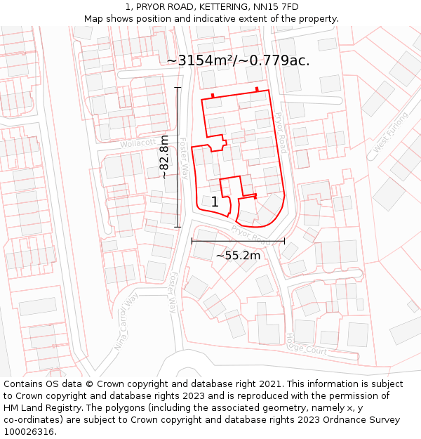 1, PRYOR ROAD, KETTERING, NN15 7FD: Plot and title map