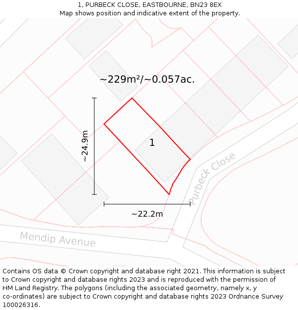 1, PURBECK CLOSE, EASTBOURNE, BN23 8EX: Plot and title map