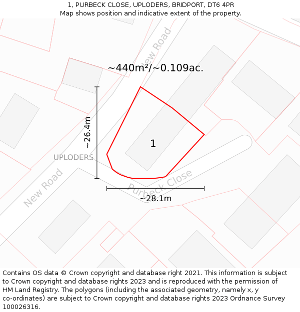 1, PURBECK CLOSE, UPLODERS, BRIDPORT, DT6 4PR: Plot and title map