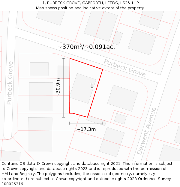 1, PURBECK GROVE, GARFORTH, LEEDS, LS25 1HP: Plot and title map