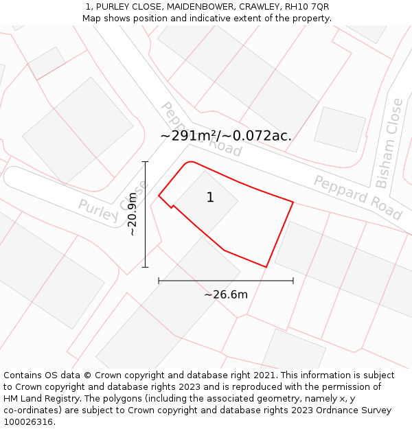 1, PURLEY CLOSE, MAIDENBOWER, CRAWLEY, RH10 7QR: Plot and title map