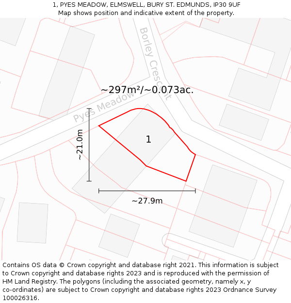 1, PYES MEADOW, ELMSWELL, BURY ST EDMUNDS, IP30 9UF: Plot and title map
