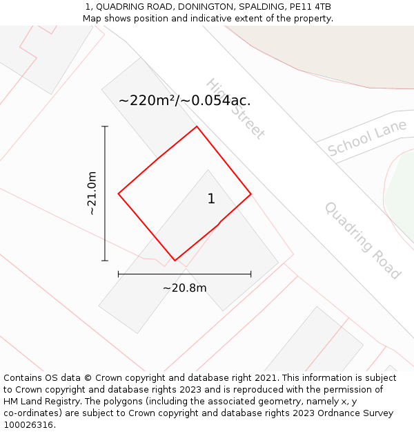 1, QUADRING ROAD, DONINGTON, SPALDING, PE11 4TB: Plot and title map