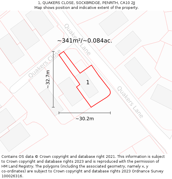 1, QUAKERS CLOSE, SOCKBRIDGE, PENRITH, CA10 2JJ: Plot and title map