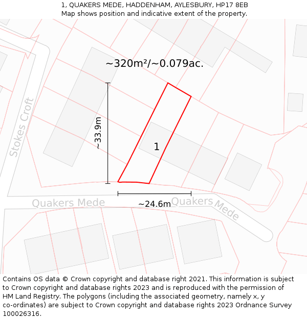 1, QUAKERS MEDE, HADDENHAM, AYLESBURY, HP17 8EB: Plot and title map