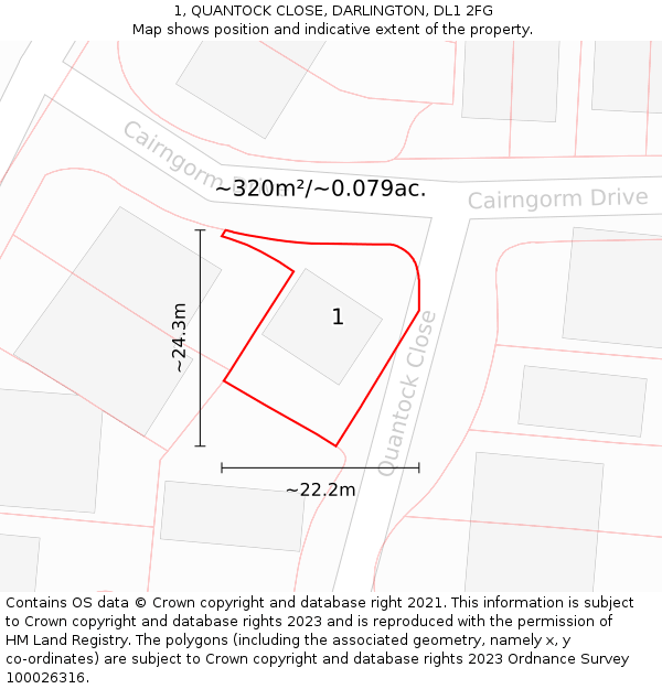 1, QUANTOCK CLOSE, DARLINGTON, DL1 2FG: Plot and title map