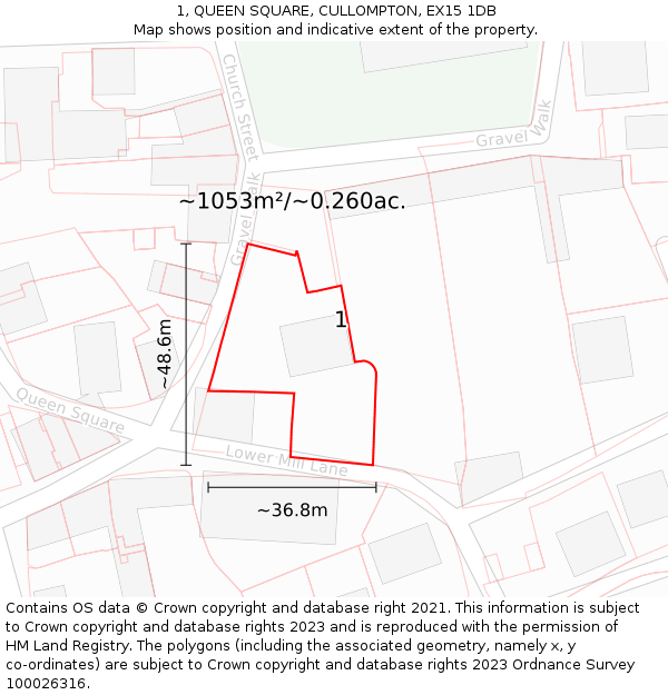 1, QUEEN SQUARE, CULLOMPTON, EX15 1DB: Plot and title map