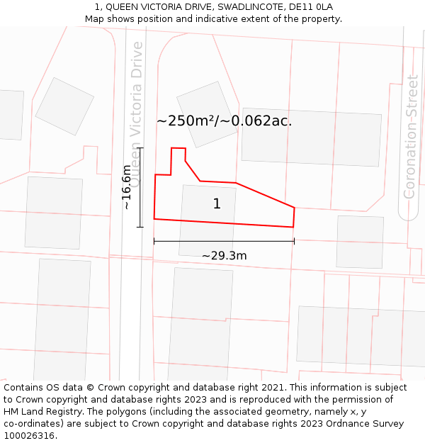 1, QUEEN VICTORIA DRIVE, SWADLINCOTE, DE11 0LA: Plot and title map
