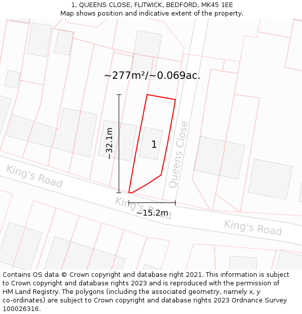 1, QUEENS CLOSE, FLITWICK, BEDFORD, MK45 1EE: Plot and title map