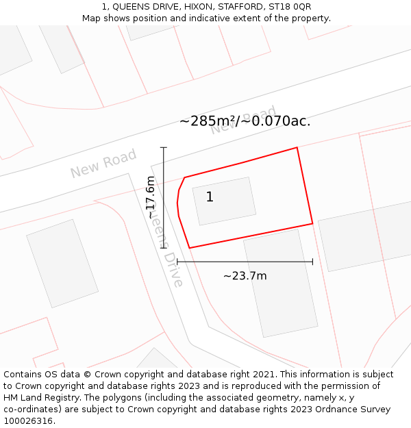 1, QUEENS DRIVE, HIXON, STAFFORD, ST18 0QR: Plot and title map