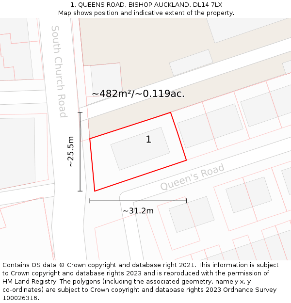 1, QUEENS ROAD, BISHOP AUCKLAND, DL14 7LX: Plot and title map