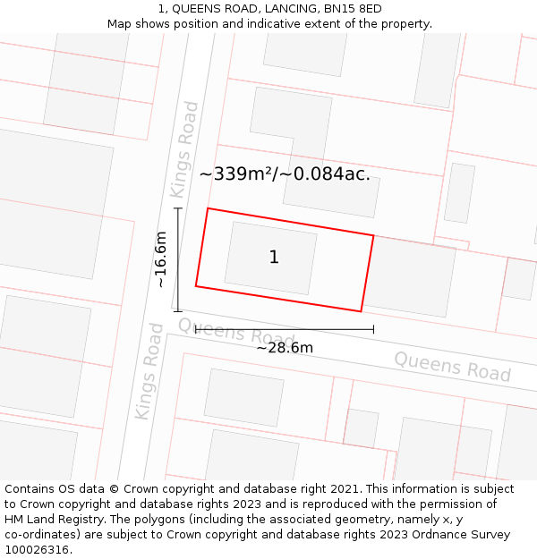 1, QUEENS ROAD, LANCING, BN15 8ED: Plot and title map