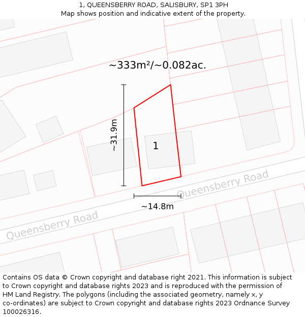 1, QUEENSBERRY ROAD, SALISBURY, SP1 3PH: Plot and title map