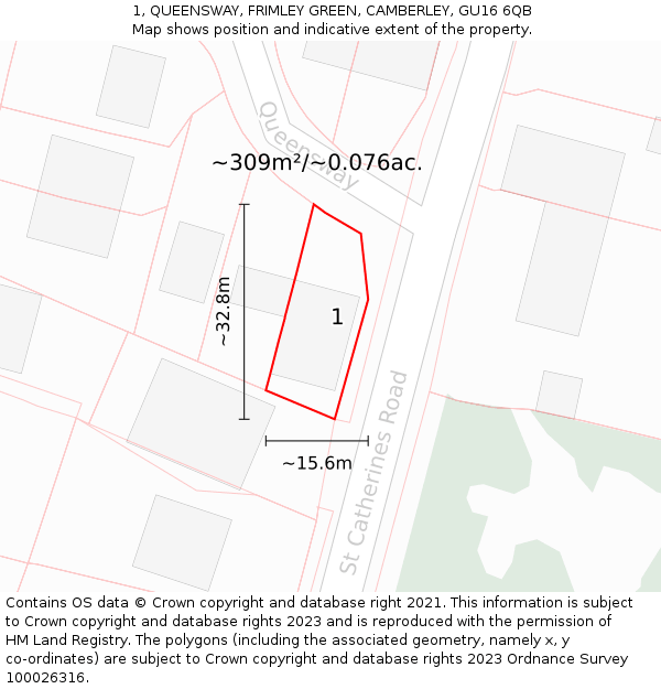 1, QUEENSWAY, FRIMLEY GREEN, CAMBERLEY, GU16 6QB: Plot and title map