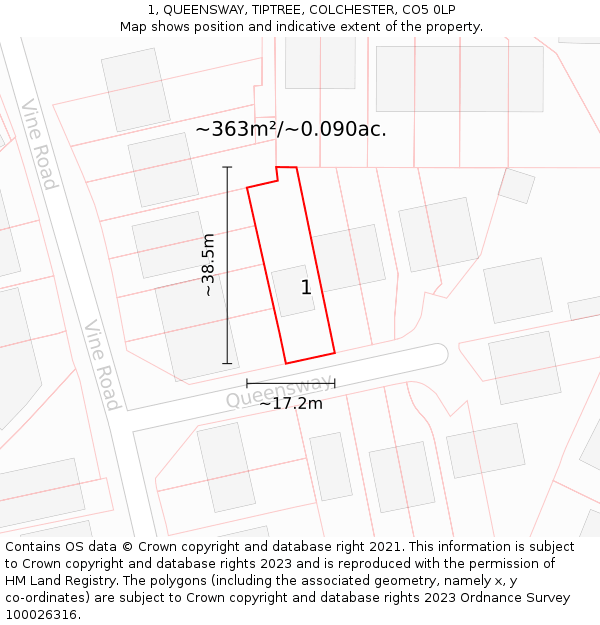 1, QUEENSWAY, TIPTREE, COLCHESTER, CO5 0LP: Plot and title map