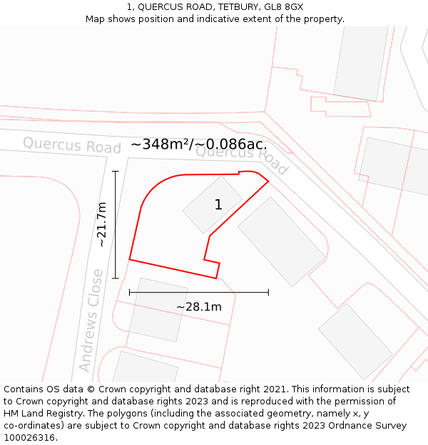 1, QUERCUS ROAD, TETBURY, GL8 8GX: Plot and title map