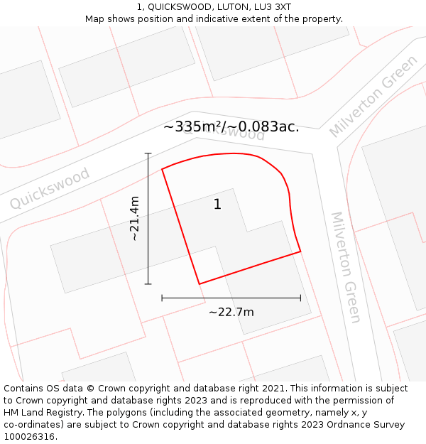 1, QUICKSWOOD, LUTON, LU3 3XT: Plot and title map