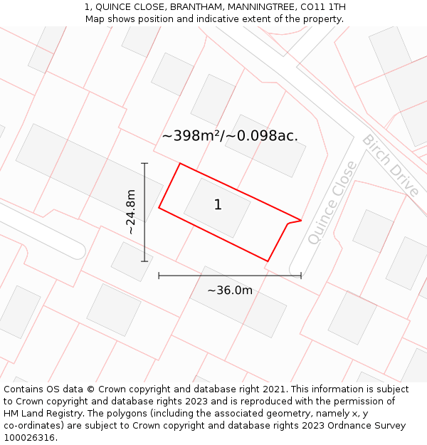 1, QUINCE CLOSE, BRANTHAM, MANNINGTREE, CO11 1TH: Plot and title map