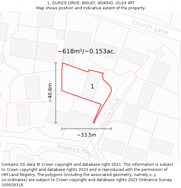 1, QUINCE DRIVE, BISLEY, WOKING, GU24 9RT: Plot and title map