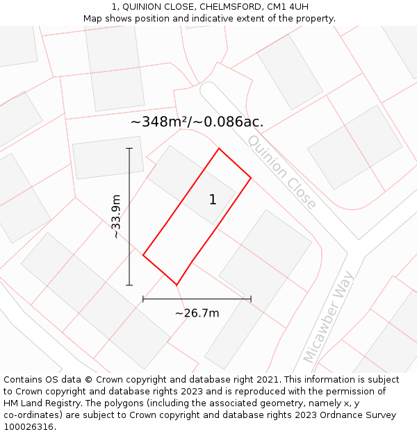 1, QUINION CLOSE, CHELMSFORD, CM1 4UH: Plot and title map