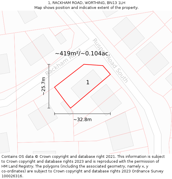 1, RACKHAM ROAD, WORTHING, BN13 1LH: Plot and title map