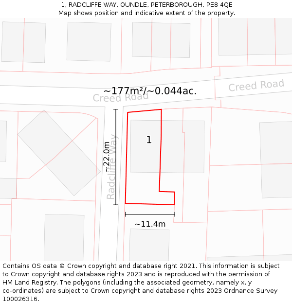 1, RADCLIFFE WAY, OUNDLE, PETERBOROUGH, PE8 4QE: Plot and title map
