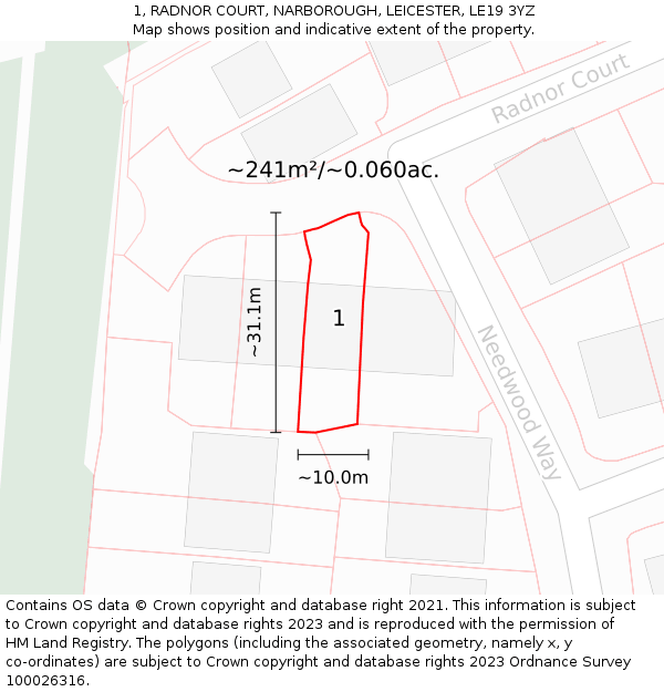 1, RADNOR COURT, NARBOROUGH, LEICESTER, LE19 3YZ: Plot and title map