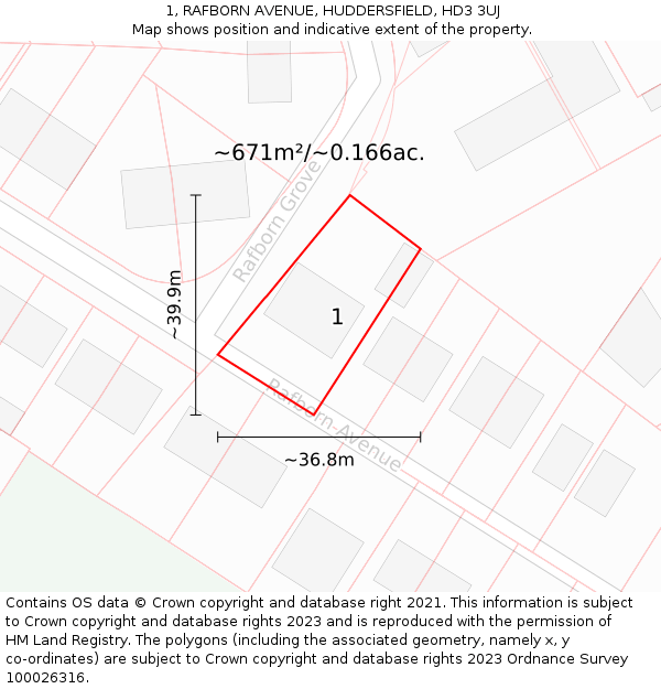 1, RAFBORN AVENUE, HUDDERSFIELD, HD3 3UJ: Plot and title map