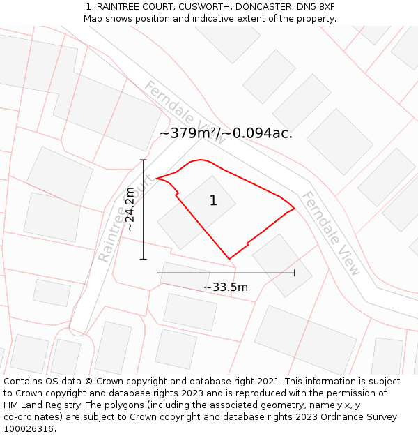 1, RAINTREE COURT, CUSWORTH, DONCASTER, DN5 8XF: Plot and title map