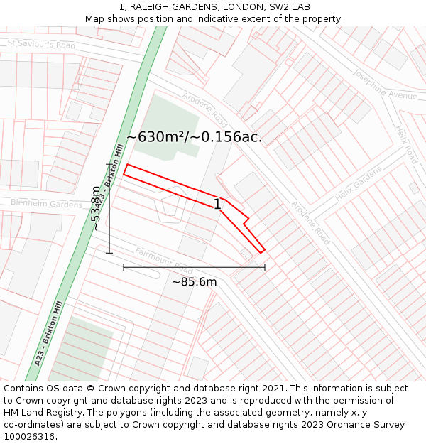 1, RALEIGH GARDENS, LONDON, SW2 1AB: Plot and title map