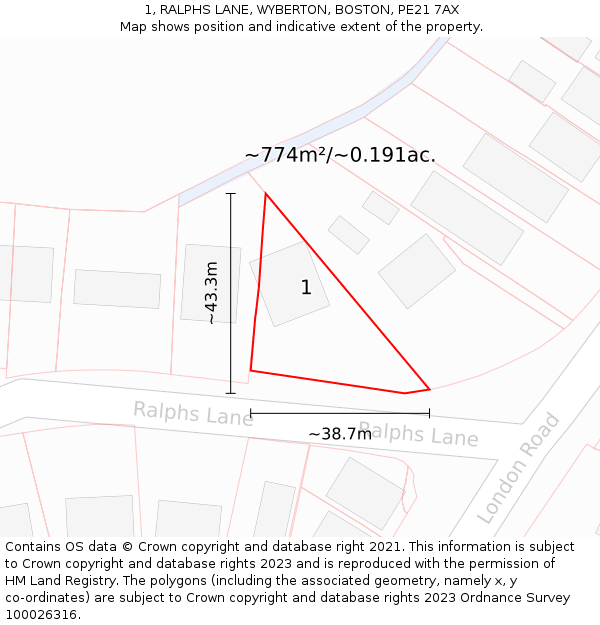 1, RALPHS LANE, WYBERTON, BOSTON, PE21 7AX: Plot and title map