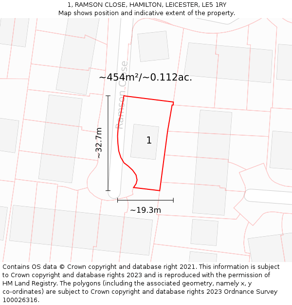 1, RAMSON CLOSE, HAMILTON, LEICESTER, LE5 1RY: Plot and title map